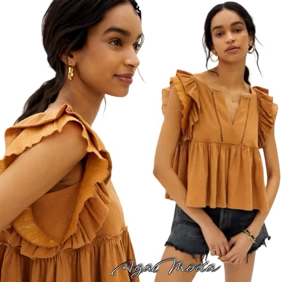 ANTHROPOLOGIE NEW Caroline babydoll flatter sleeve top in honey brown - Picture 1 of 14